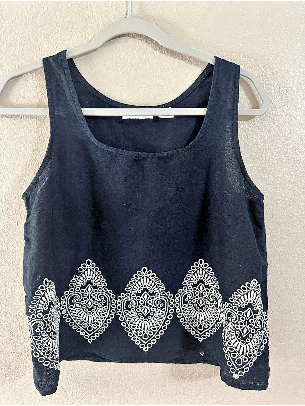 Cynthia Rowley Linen Embroidered Tank Top in Black & White Size Small